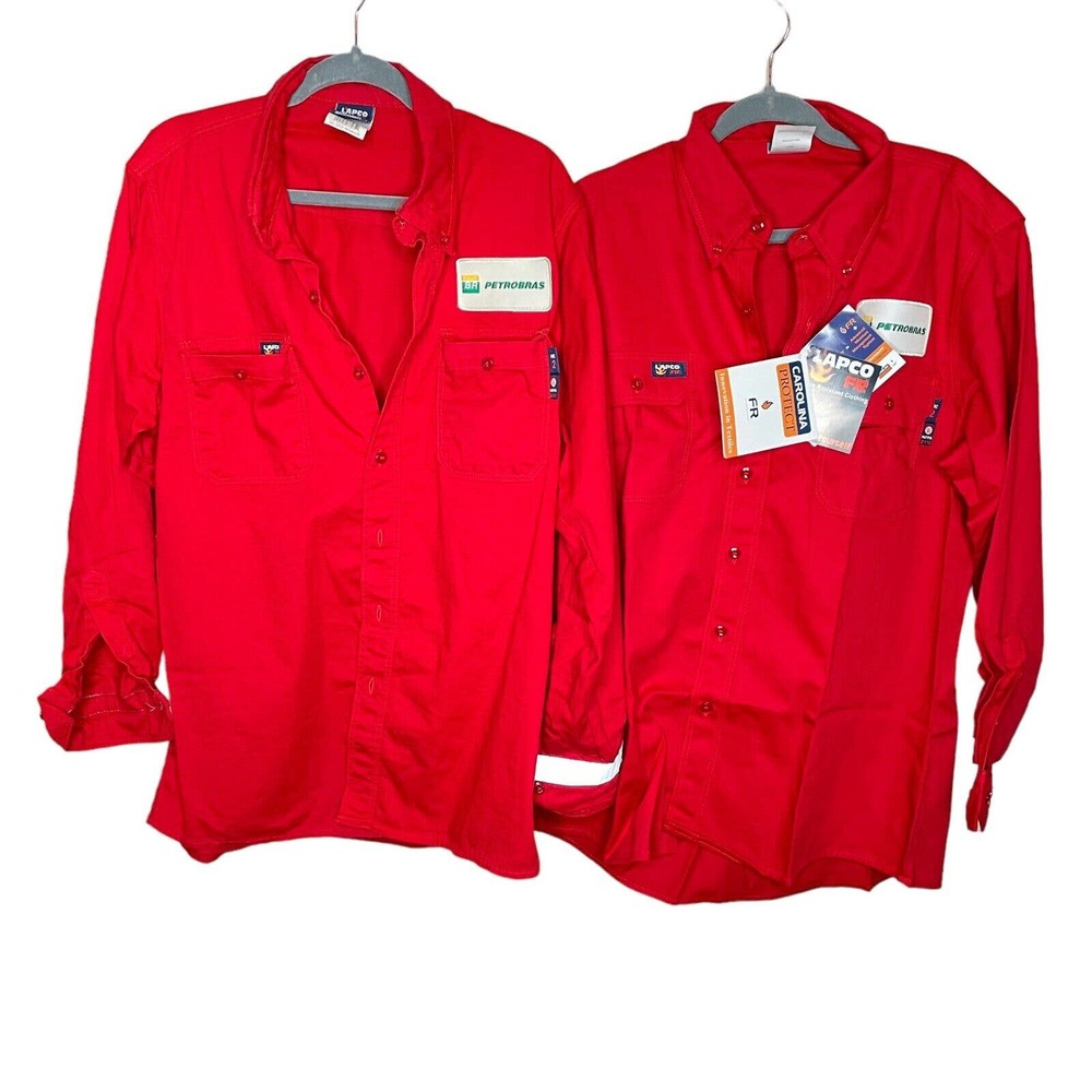 Lot Of 2 Lapco FR Large Mens Red Moisture Management Collared Button Up New*